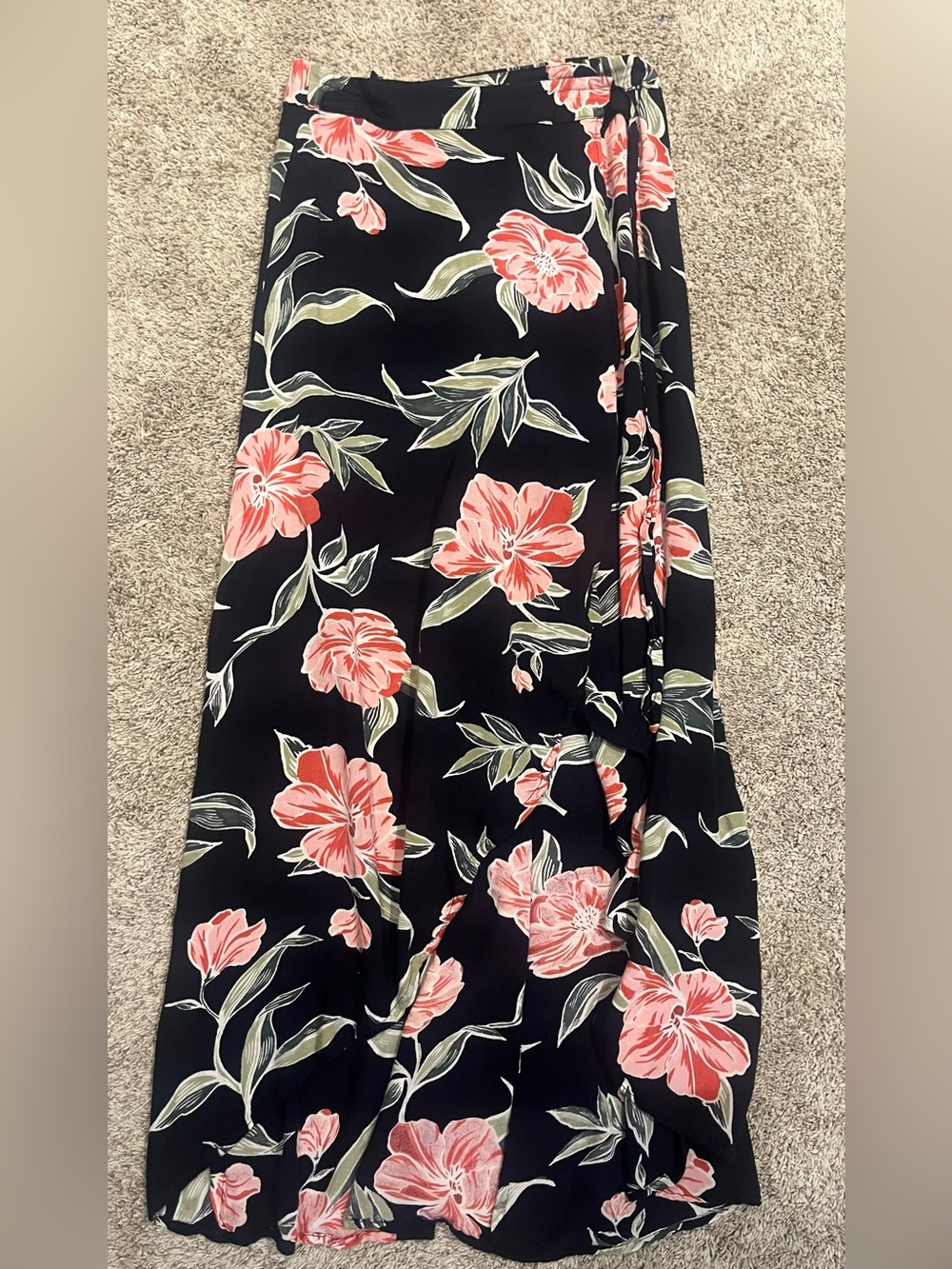Black Floral Maxi Skirt Wrap Skirt high low with Coral Pink Blooms 100%rayon